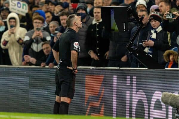 LONDON, ENGLAND - Sunday, December 19, 2021: Referee Paul Tierney checks the VAR monitor before sending off Liverpool's Andy Robertson during the FA Premier League match between Tottenham Hotspur FC and Liverpool FC at the Tottenham Hotspur Stadium. (Pic by David Rawcliffe/Propaganda)