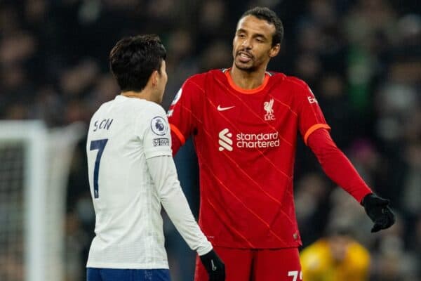 LONDON, ENGLAND - Sunday, December 19, 2021: Liverpool's Joel Matip (R) and Tottenham Hotspur's Son Heung-min during the FA Premier League match between Tottenham Hotspur FC and Liverpool FC at the Tottenham Hotspur Stadium. (Pic by David Rawcliffe/Propaganda)