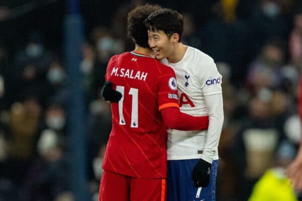 LONDON, ENGLAND - Sunday, December 19, 2021: Tottenham Hotspur's Son Heung-min (R) embraces Liverpool's Mohamed Salah after the FA Premier League match between Tottenham Hotspur FC and Liverpool FC at the Tottenham Hotspur Stadium. The game ended in a 2-2 draw. (Pic by David Rawcliffe/Propaganda)