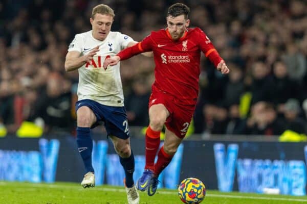 LONDON, ENGLAND - Sunday, December 19, 2021: Tottenham Hotspur's Oliver Skipp (L) and Liverpool's Andy Robertson during the FA Premier League match between Tottenham Hotspur FC and Liverpool FC at the Tottenham Hotspur Stadium. (Pic by David Rawcliffe/Propaganda)