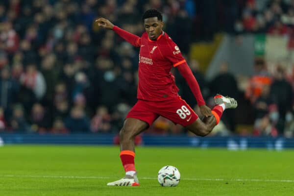 LIVERPOOL, ENGLAND - Wednesday, December 22, 2021: Liverpool's Billy Koumetio during the Football League Cup Quarter-Final match between Liverpool FC and Leicester City FC at Anfield. (Pic by David Rawcliffe/Propaganda)