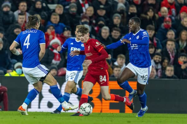 LIVERPOOL, ENGLAND - Wednesday, December 22, 2021: Liverpool's Conor Bradley during the Football League Cup Quarter-Final match between Liverpool FC and Leicester City FC at Anfield. (Pic by David Rawcliffe/Propaganda)