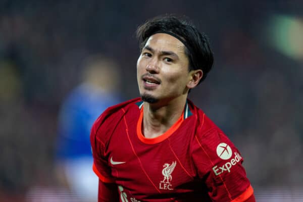 LIVERPOOL, ENGLAND - Wednesday, December 22, 2021: Liverpool's Takumi Minamino during the Football League Cup Quarter-Final match between Liverpool FC and Leicester City FC at Anfield. (Pic by David Rawcliffe/Propaganda)