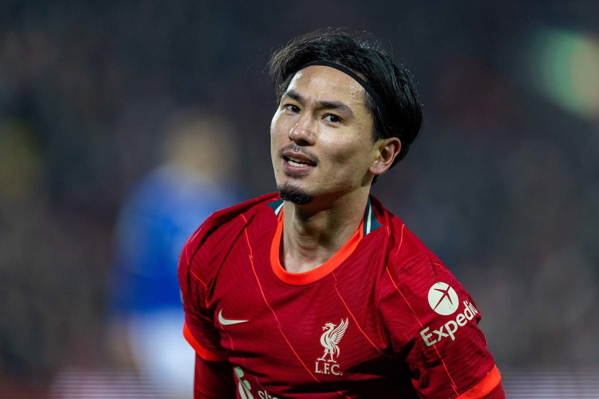 LIVERPOOL, ENGLAND - Wednesday, December 22, 2021: Liverpool's Takumi Minamino during the Football League Cup Quarter-Final match between Liverpool FC and Leicester City FC at Anfield. (Pic by David Rawcliffe/Propaganda)