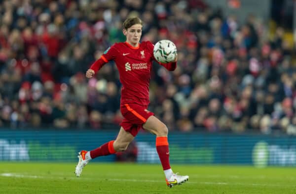 LIVERPOOL, ENGLAND - Wednesday, December 22, 2021: Liverpool's Tyler Morton during the Football League Cup Quarter-Final match between Liverpool FC and Leicester City FC at Anfield. (Pic by David Rawcliffe/Propaganda)