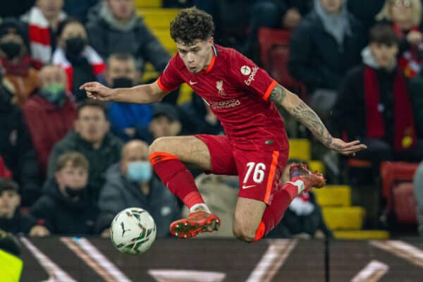 LIVERPOOL, ENGLAND - Wednesday, December 22, 2021: Liverpool's Neco Williams during the Football League Cup Quarter-Final match between Liverpool FC and Leicester City FC at Anfield. (Pic by David Rawcliffe/Propaganda)