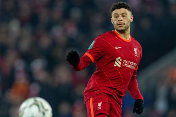 LIVERPOOL, ENGLAND - Wednesday, December 22, 2021: Liverpool's Alex Oxlade-Chamberlain during the Football League Cup Quarter-Final match between Liverpool FC and Leicester City FC at Anfield. (Pic by David Rawcliffe/Propaganda)