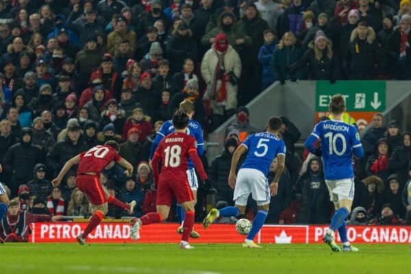 LIVERPOOL, ENGLAND - Wednesday, December 22, 2021: Liverpool's Diogo Jota scores his side's second goal during the Football League Cup Quarter-Final match between Liverpool FC and Leicester City FC at Anfield. (Pic by David Rawcliffe/Propaganda)