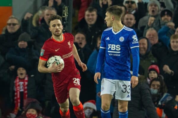 LIVERPOOL, ENGLAND - Wednesday, December 22, 2021: Liverpool's Diogo Jota celebrates after scoring his side's second goal during the Football League Cup Quarter-Final match between Liverpool FC and Leicester City FC at Anfield. (Pic by David Rawcliffe/Propaganda)