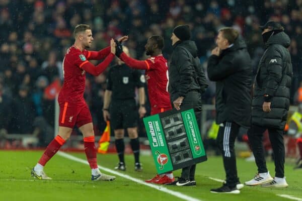 LIVERPOOL, ENGLAND - Wednesday, December 22, 2021: Liverpool's captain Jordan Henderson is replaced by substitute Naby Keita during the Football League Cup Quarter-Final match between Liverpool FC and Leicester City FC at Anfield. (Pic by David Rawcliffe/Propaganda)