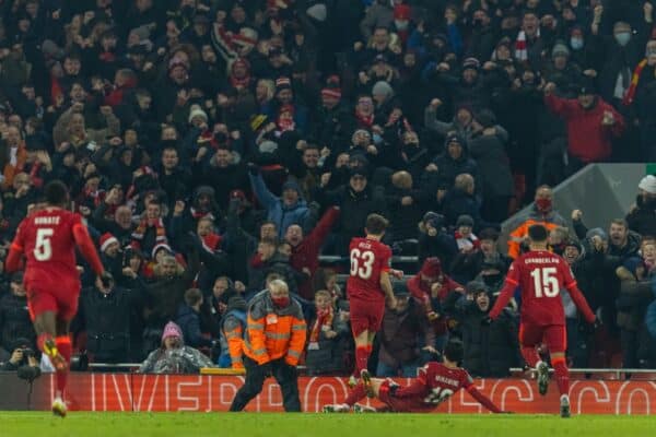 LIVERPOOL, ENGLAND - Wednesday, December 22, 2021: Liverpool's Takumi Minamino celebrates after scoring the third goal to level the score at 3-3 in the 96th minute during the Football League Cup Quarter-Final match between Liverpool FC and Leicester City FC at Anfield. (Pic by David Rawcliffe/Propaganda)