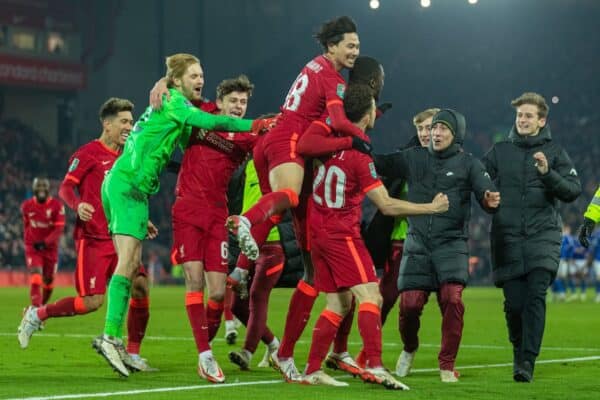 LIVERPOOL, ENGLAND - Wednesday, December 22, 2021: Liverpool's players celebrate with Diogo Jota celebrates after scoring the decisive penalty in the shoot-out after the Football League Cup Quarter-Final match between Liverpool FC and Leicester City FC at Anfield. (Pic by David Rawcliffe/Propaganda)