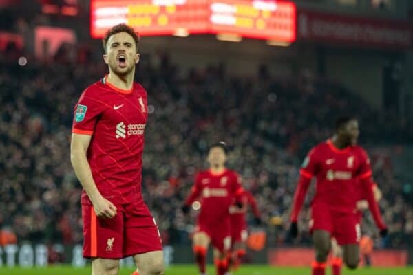 LIVERPOOL, ENGLAND - Wednesday, December 22, 2021: Liverpool's Diogo Jota celebrates after scoring the decisive penalty in the shoot-out after the Football League Cup Quarter-Final match between Liverpool FC and Leicester City FC at Anfield. (Pic by David Rawcliffe/Propaganda)