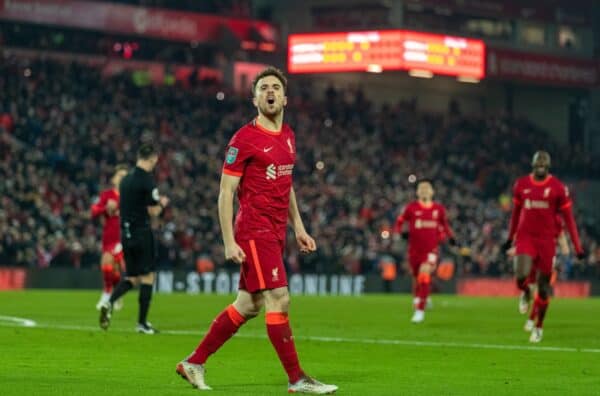 LIVERPOOL, ENGLAND - Wednesday, December 22, 2021: Liverpool's Diogo Jota celebrates after scoring the decisive penalty in the shoot-out after the Football League Cup Quarter-Final match between Liverpool FC and Leicester City FC at Anfield. (Pic by David Rawcliffe/Propaganda)