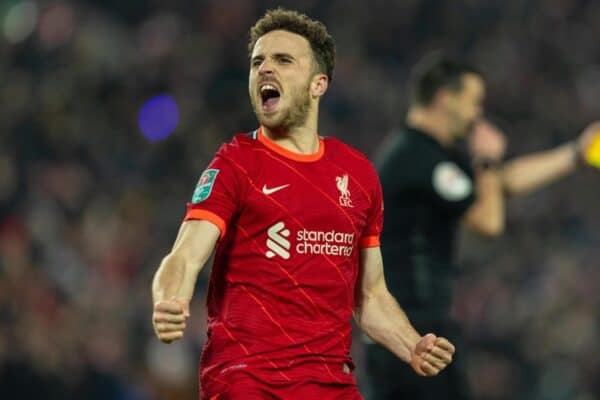 LIVERPOOL, ENGLAND - Wednesday, December 22, 2021: Liverpool's Diogo Jota celebrates after scoring the decisive penalty in the shoot-out after the Football League Cup Quarter-Final match between Liverpool FC and Leicester City FC at Anfield. (Pic by David Rawcliffe/Propaganda)