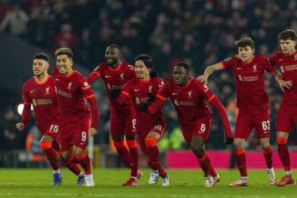 LIVERPOOL, ENGLAND - Wednesday, December 22, 2021: Liverpool players react as Diogo Jota scores the decisive penalty in the shoot-out after the Football League Cup Quarter-Final match between Liverpool FC and Leicester City FC at Anfield. (Pic by David Rawcliffe/Propaganda)