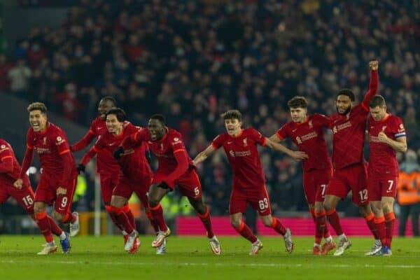 LIVERPOOL, ENGLAND - Wednesday, December 22, 2021: Liverpool players react as Diogo Jota scores the decisive penalty in the shoot-out after the Football League Cup Quarter-Final match between Liverpool FC and Leicester City FC at Anfield. (Pic by David Rawcliffe/Propaganda)