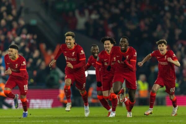 LIVERPOOL, ENGLAND - Wednesday, December 22, 2021: Liverpool players react as Diogo Jota scores the decisive penalty in the shoot-out after the Football League Cup Quarter-Final match between Liverpool FC and Leicester City FC at Anfield. (Pic by David Rawcliffe/Propaganda)