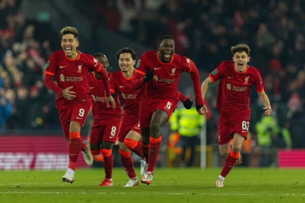 LIVERPOOL, ENGLAND - Wednesday, December 22, 2021: Liverpool players react as Diogo Jota scores the decisive penalty in the shoot-out after the Football League Cup Quarter-Final match between Liverpool FC and Leicester City FC at Anfield. (Pic by David Rawcliffe/Propaganda)