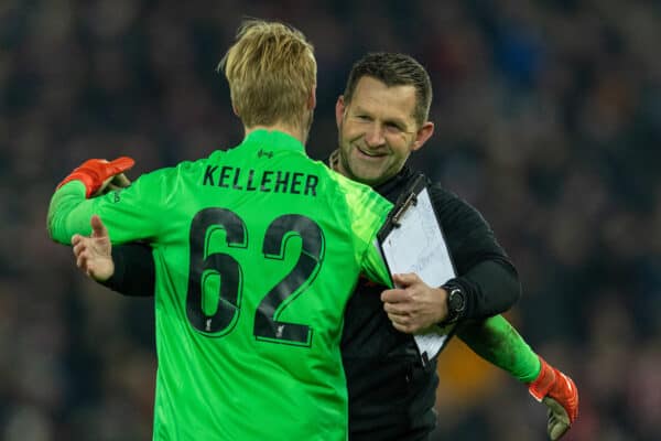 LIVERPOOL, ENGLAND - Wednesday, December 22, 2021: Liverpool's goalkeeper Caoimhin Kelleher is embraced by goalkeeping coach John Achterberg after the penalty shoot-out during the Football League Cup Quarter-Final match between Liverpool FC and Leicester City FC at Anfield. (Pic by David Rawcliffe/Propaganda)