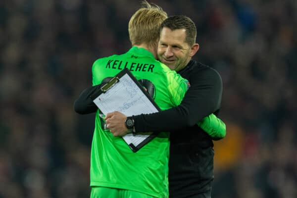LIVERPOOL, ENGLAND - Wednesday, December 22, 2021: Liverpool's goalkeeper Caoimhin Kelleher is embraced by goalkeeping coach John Achterberg after the penalty shoot-out during the Football League Cup Quarter-Final match between Liverpool FC and Leicester City FC at Anfield. (Pic by David Rawcliffe/Propaganda)