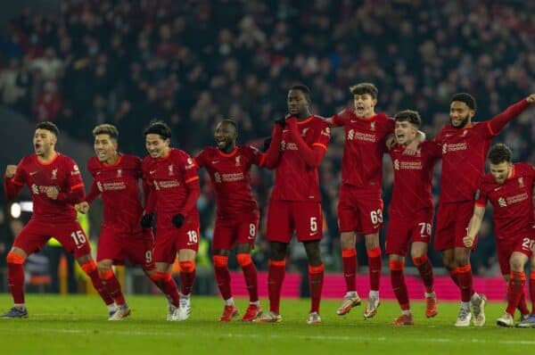 LIVERPOOL, ENGLAND - Wednesday, December 22, 2021: Liverpool players react to a penalty save in the shoot-out during the Football League Cup Quarter-Final match between Liverpool FC and Leicester City FC at Anfield. (Pic by David Rawcliffe/Propaganda)
