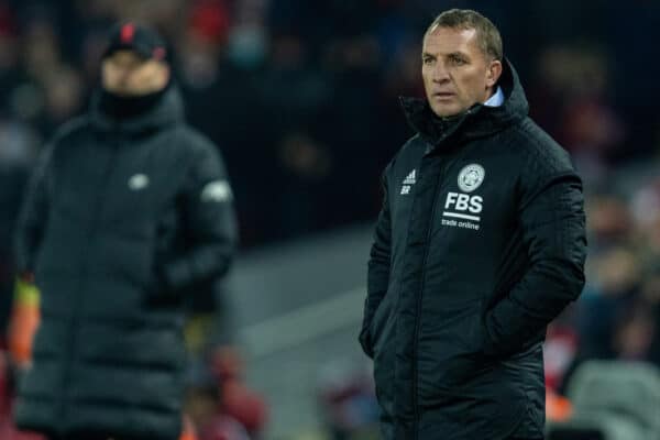 LIVERPOOL, ENGLAND - Wednesday, December 22, 2021: Leicester City's manager Brendan Rodgers during the Football League Cup Quarter-Final match between Liverpool FC and Leicester City FC at Anfield. (Pic by David Rawcliffe/Propaganda)