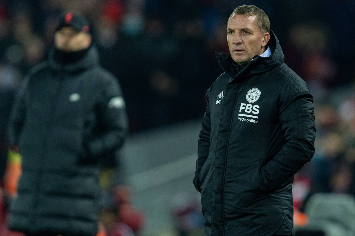 LIVERPOOL, ENGLAND - Wednesday, December 22, 2021: Leicester City's manager Brendan Rodgers during the Football League Cup Quarter-Final match between Liverpool FC and Leicester City FC at Anfield. (Pic by David Rawcliffe/Propaganda)