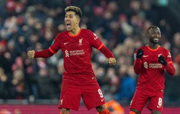 LIVERPOOL, ENGLAND - Wednesday, December 22, 2021: Liverpool's Roberto Firmino celebrates as his goalkeeper makes a save in the penalty shoot-out during the Football League Cup Quarter-Final match between Liverpool FC and Leicester City FC at Anfield. Liverpool won 5-4 on penalties after a 3-3 draw. (Pic by David Rawcliffe/Propaganda)