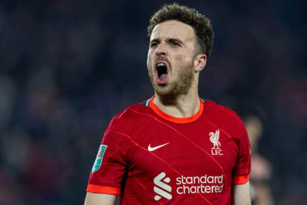 LIVERPOOL, ENGLAND - Wednesday, December 22, 2021: Liverpool's Diogo Jota celebrates after scoring the decisive penalty in the shoot-out after the Football League Cup Quarter-Final match between Liverpool FC and Leicester City FC at Anfield. Liverpool won 5-4 on penalties after a 3-3 draw. (Pic by David Rawcliffe/Propaganda)