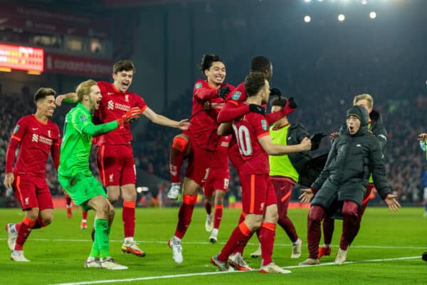 LIVERPOOL, ENGLAND - Wednesday, December 22, 2021: Liverpool's Diogo Jota celebrates with team-mates after scoring the decisive penalty in the shoot-out after the Football League Cup Quarter-Final match between Liverpool FC and Leicester City FC at Anfield. Liverpool won 5-4 on penalties after a 3-3 draw. (Pic by David Rawcliffe/Propaganda)