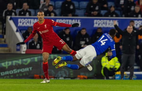 LEICESTER, ENGLAND - Tuesday, December 28, 2021: Liverpool's Joel Matip (L) challenges Leicester City's Kelechi Iheanacho during the FA Premier League match between Leicester City FC and Liverpool FC at the King Power Stadium. (Pic by David Rawcliffe/Propaganda)