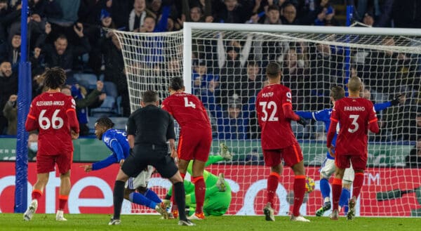 LEICESTER, ENGLAND - Tuesday, December 28, 2021: Leicester City's Ademola Lookman celebrates after scoring the first goal during the FA Premier League match between Leicester City FC and Liverpool FC at the King Power Stadium. (Pic by David Rawcliffe/Propaganda)