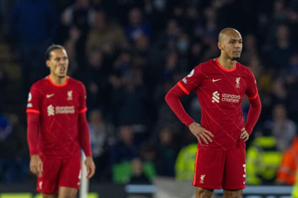 LEICESTER, ENGLAND - Tuesday, December 28, 2021: Liverpool's Fabio Henrique Tavares 'Fabinho' looks dejected as Leicester City score the opening goal during the FA Premier League match between Leicester City FC and Liverpool FC at the King Power Stadium. (Pic by David Rawcliffe/Propaganda)