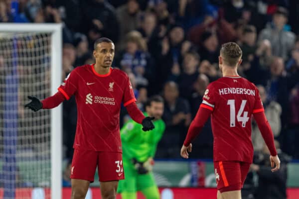 LEICESTER, ENGLAND - Tuesday, December 28, 2021: Liverpool's Joel Matip looks dejected as Leicester City score the opening goal during the FA Premier League match between Leicester City FC and Liverpool FC at the King Power Stadium. (Pic by David Rawcliffe/Propaganda)