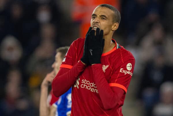 LEICESTER, ENGLAND - Tuesday, December 28, 2021: Liverpool's Joel Matip looks dejected during the FA Premier League match between Leicester City FC and Liverpool FC at the King Power Stadium. (Pic by David Rawcliffe/Propaganda)