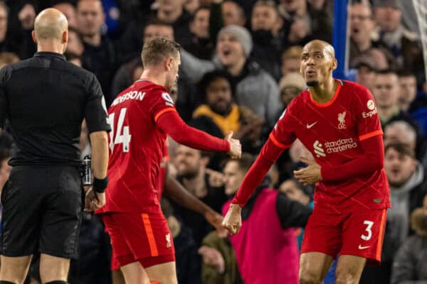 LONDON, ENGLAND - Sunday, January 2, 2022: Liverpool's Fabio Henrique Tavares 'Fabinho' reacts during the FA Premier League match between Chelsea FC and Liverpool FC at Stamford Bridge. (Pic by David Rawcliffe/Propaganda)