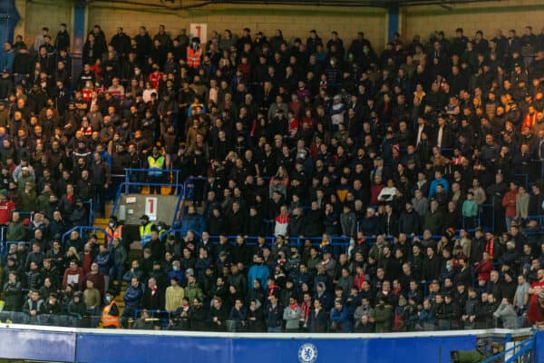 LONDON, ENGLAND - Sunday, January 2, 2022: Liverpool supporters in the safe standing area during the FA Premier League match between Chelsea FC and Liverpool FC at Stamford Bridge. (Pic by David Rawcliffe/Propaganda)