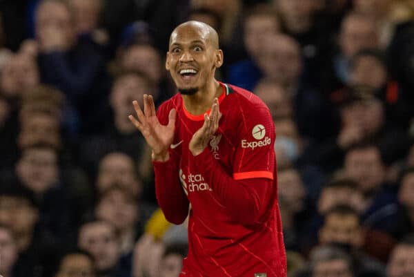 LONDON, ENGLAND - Sunday, January 2, 2022: Liverpool's Fabio Henrique Tavares 'Fabinho' reacts during the FA Premier League match between Chelsea FC and Liverpool FC at Stamford Bridge. (Pic by David Rawcliffe/Propaganda)