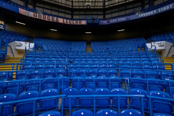 LONDON, ENGLAND - Sunday, January 2, 2022: Rail seating at Stamford Bridge ahead of the FA Premier League match between Chelsea FC and Liverpool FC where supporters will be allowed to stand for the duration of the game for the first time since the Taylor Report recommended all seater stadiums following the Hillsborough Stadium Disaster. (Pic by David Rawcliffe/Propaganda)