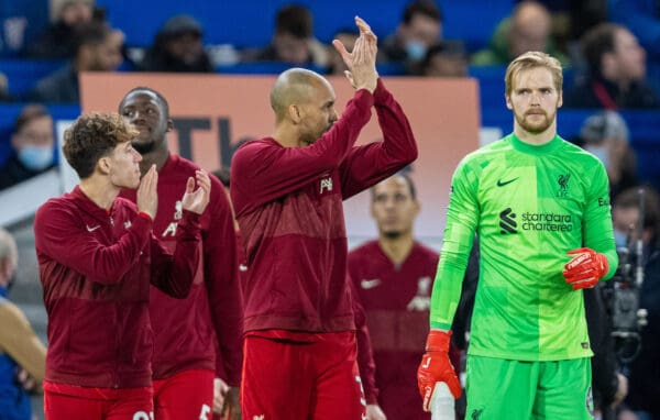 LONDON, ENGLAND - Sunday, January 2, 2022: Liverpool's goalkeeper Caoimhin Kelleher walks out before the FA Premier League match between Chelsea FC and Liverpool FC at Stamford Bridge. (Pic by David Rawcliffe/Propaganda)