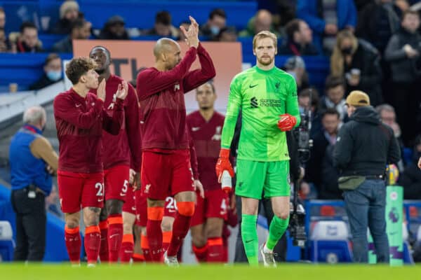 LONDON, ENGLAND - Sunday, January 2, 2022: Liverpool's goalkeeper Caoimhin Kelleher walks out before the FA Premier League match between Chelsea FC and Liverpool FC at Stamford Bridge. (Pic by David Rawcliffe/Propaganda)