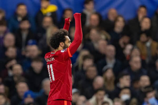 LONDON, ENGLAND - Sunday, January 2, 2022: Liverpool's Mohamed Salah celebrates after scoring the second goal during the FA Premier League match between Chelsea FC and Liverpool FC at Stamford Bridge. (Pic by David Rawcliffe/Propaganda)