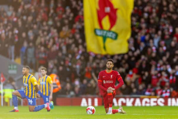 LIVERPOOL, ENGLAND - Sunday, January 9, 2022: Liverpool's Elijah Dixon-Bonner kneels down (takes a knee) in support of the Black Lives Matter movement before the FA Cup 3rd Round match between Liverpool FC and Shrewsbury Town FC at Anfield. (Pic by David Rawcliffe/Propaganda)