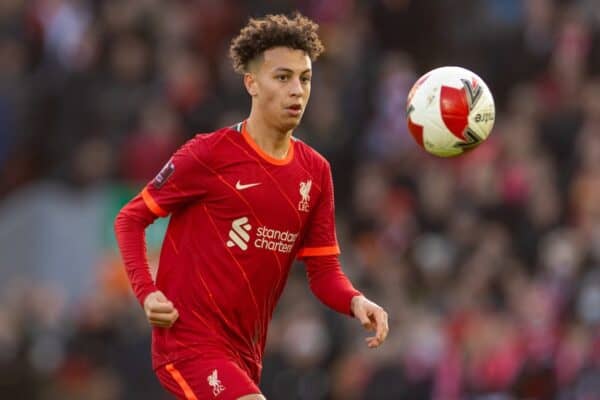 LIVERPOOL, ENGLAND - Sunday, January 9, 2022: Liverpool's Kaide Gordon during the FA Cup 3rd Round match between Liverpool FC and Shrewsbury Town FC at Anfield. (Pic by David Rawcliffe/Propaganda)