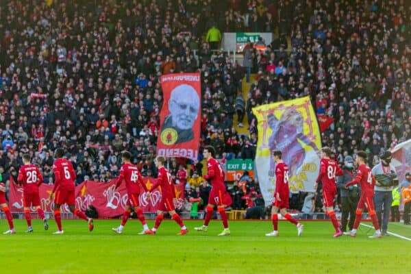 LIVERPOOL, ENGLAND - Sunday, January 9, 2022: Liverpool's young side walk out before the FA Cup 3rd Round match between Liverpool FC and Shrewsbury Town FC at Anfield. (Pic by David Rawcliffe/Propaganda)