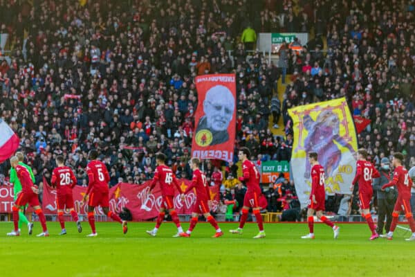 LIVERPOOL, ENGLAND - Sunday, January 9, 2022: Liverpool's young side walk out before the FA Cup 3rd Round match between Liverpool FC and Shrewsbury Town FC at Anfield. (Pic by David Rawcliffe/Propaganda)