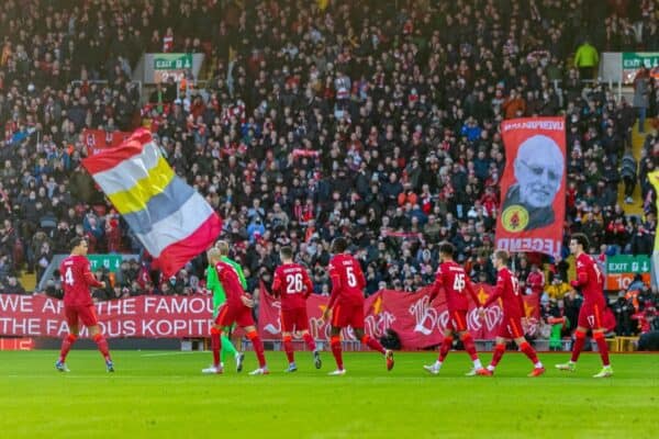 LIVERPOOL, ENGLAND - Sunday, January 9, 2022: Liverpool's young side walk out before the FA Cup 3rd Round match between Liverpool FC and Shrewsbury Town FC at Anfield. (Pic by David Rawcliffe/Propaganda)