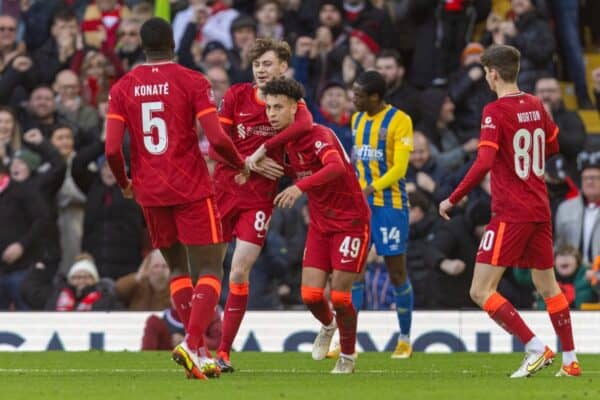 LIVERPOOL, ENGLAND - Sunday, January 9, 2022: Liverpool's Kaide Gordon celebrates after scoring the first equalising goal during the FA Cup 3rd Round match between Liverpool FC and Shrewsbury Town FC at Anfield. (Pic by David Rawcliffe/Propaganda)