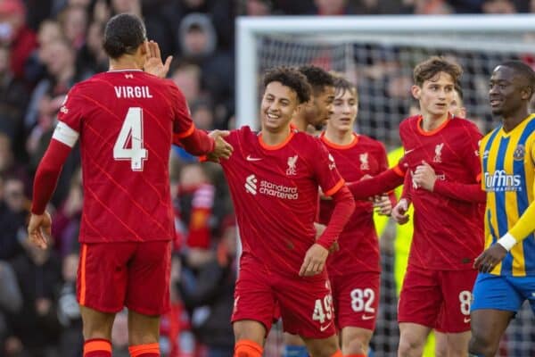 LIVERPOOL, ENGLAND - Sunday, January 9, 2022: Liverpool's Kaide Gordon celebrates after scoring the first equalising goal during the FA Cup 3rd Round match between Liverpool FC and Shrewsbury Town FC at Anfield. (Pic by David Rawcliffe/Propaganda)